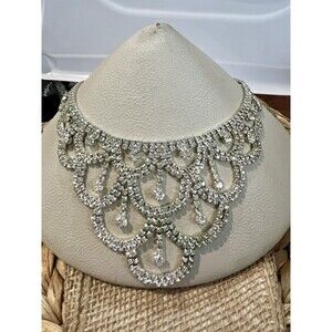 Vtg Costume Rhinestone Necklace Statement Bib Fringe Waterfall Diamonds Sparkle